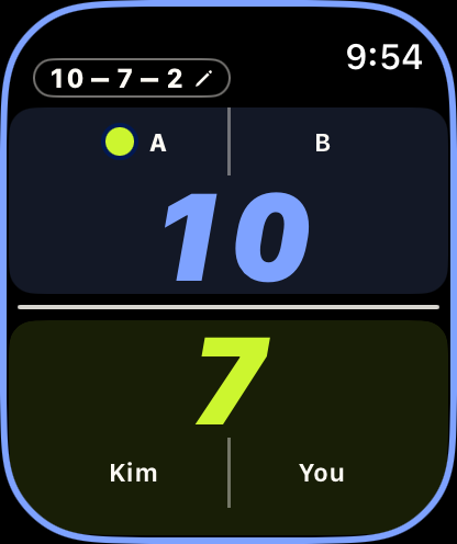 Apple Watch at 10 to 7, server 2, outlined in blue to show the opposing team is at game point.