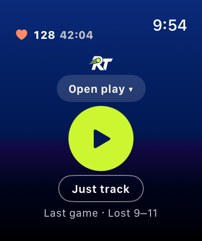 Apple Watch start screen with the Rally Trace logo, a partner picker reading "Open play", a large Play button and a Just track button.